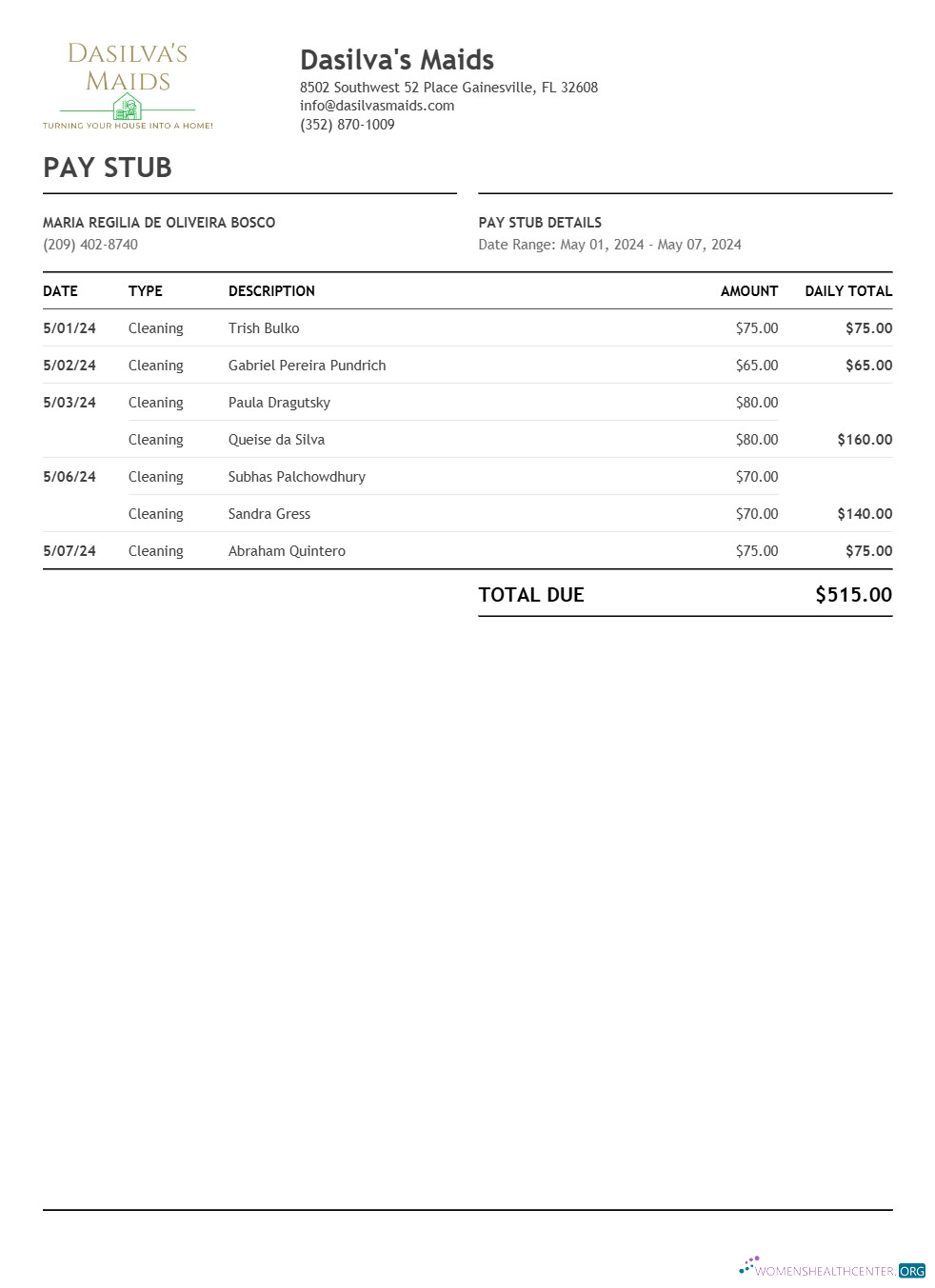 Download Dasilva's Maids pay stub template in Word and PDF formats.pdf, 1 Photoshop template